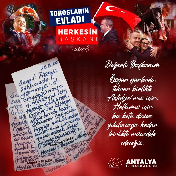 CHP Antalya İl Başkanından Tutuklu Başkan Böcek’e Destek Mesajı